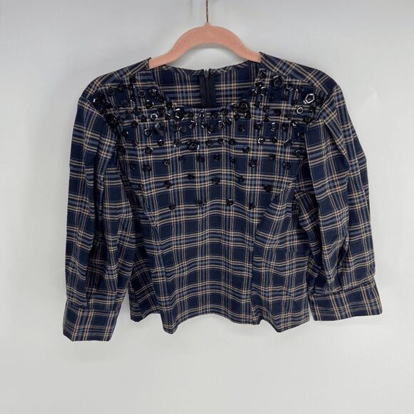 unbranded Tops - Plaid Cropped Boxy blue green floral sequin embellished crew neck blouse women 2